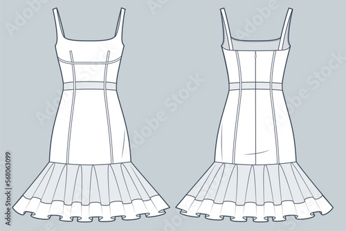 Dress with sheer details technical fashion illustration. Ruffles mini Dress fashion flat technical drawing template, straps, zip-up, slim fit, front and back view, white, women CAD mockup.