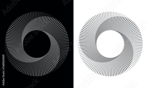 Set of circles with lines. Lines in one color with different opacity. Black spiral on white background and white spiral on black background. Dynamic design element with 3 parts.
