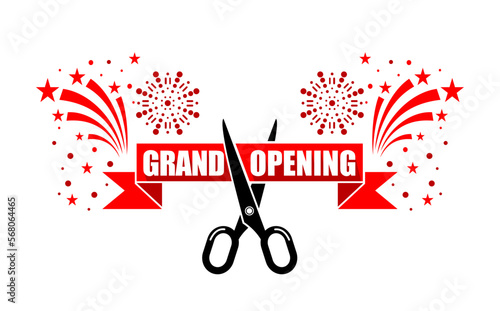 Grand opening flyer template with copy space for your text. Scissors cut red ribbon on background of fireworks. Vector