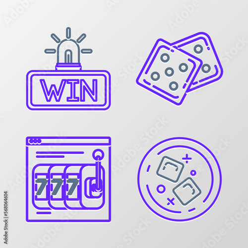 Set line Glass of whiskey and ice cubes, Online slot machine with lucky sevens jackpot, Game dice and Casino win icon. Vector