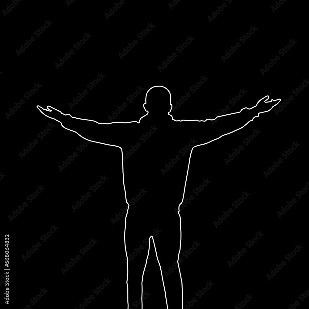 Line art of a Person with arms outstretched, cheering man open arms. Continuous line drawing. Isolated on the white background. Vector monochrome, drawing by lines. Sketch vector. Line art of a Person with arms outstretched, cheering man open arms. Continuous line drawing. Isolated on the white background. Vector monochrome, drawing by lines. Sketch vector.