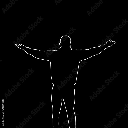 Line art of a Person with arms outstretched  cheering man open arms. Continuous line drawing. Isolated on the white background. Vector monochrome  drawing by lines. Sketch vector.