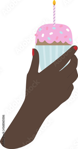 Vector illustration of woman hand with black skin holding a Birthday cupcake with candle, cream and frosting in cartoon style. Black female hand holding muffing with berry take away