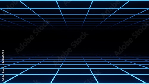Synthwave Grid Background, Blue Neon Retro Sci-Fi, 3D Render Abstract Background Texture