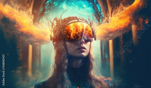 Beautiful woman gamer in a virtual reality headset in a fairytale metaverse
