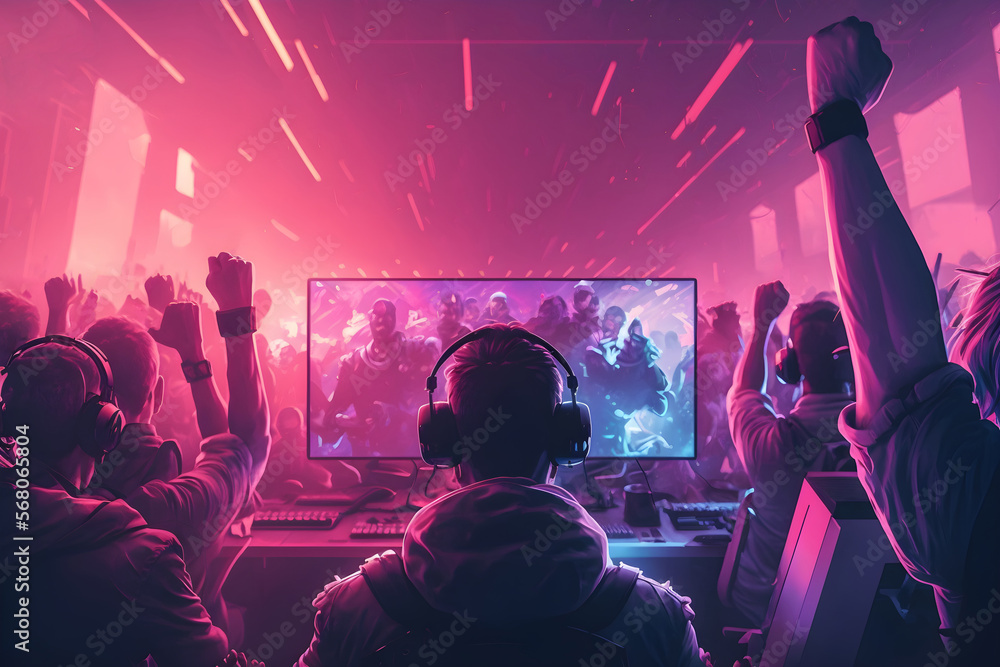 Obraz premium Professional esport team rejoice after winning match in esport tournament, Victory celebration of whole esport team in gaming arena, digital illustration of generative ai imaginary persons,