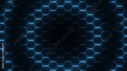 Hexagon Grid, Blue Background, Glowing, 3D Render Abstract Background Texture