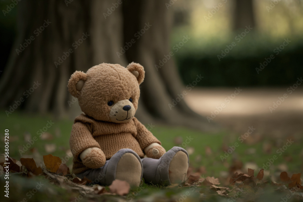 Lost toy or loneliness concept with a brown bear doll with a lonely and dejected expression sitting alone in a park on the International Missing Children Day. Generative AI Lost toy or loneliness concept with a brown bear doll with a lonely and dejected expression sitting alone in a park on the International Missing Children Day. Generative AI