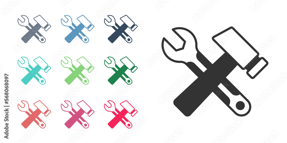 Black Crossed hammer and wrench spanner icon isolated on white background. Hardware tools. Set icons colorful. Vector Black Crossed hammer and wrench spanner icon isolated on white background. Hardware tools. Set icons colorful. Vector