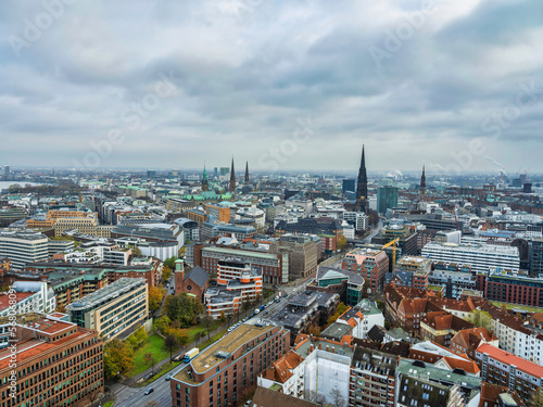 Aerial shot of Hamburg city downtown during a cloudy day, Germany