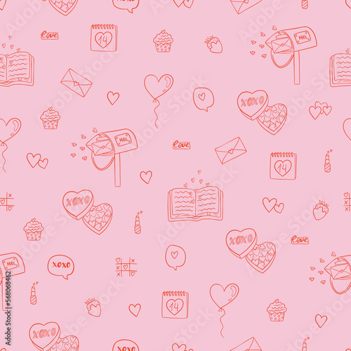 Seamless pattern with love elements: heart shape, love letter, mailbox, book, candy. Valentine's day. International Women's Day. Romantic concept