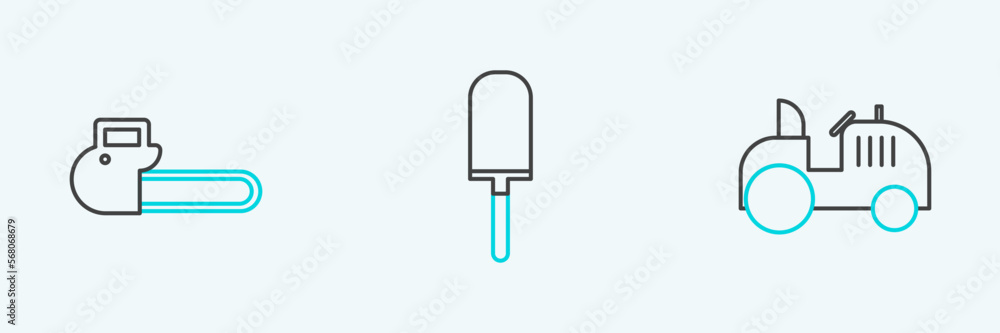 Set line Tractor, Chainsaw and Garden trowel spade shovel icon. Vector Set line Tractor, Chainsaw and Garden trowel spade shovel icon. Vector