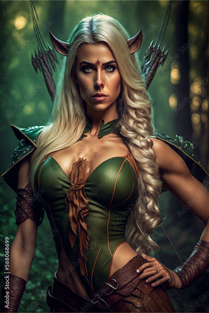 Portrait of a blonde female fantasy elf archer in green leather armor in forest. Beautiful fantasy artwork for print, cover, books, poster, cards, acryl and more. Generated with AI Portrait of a blonde female fantasy elf archer in green leather armor in forest. Beautiful fantasy artwork for print, cover, books, poster, cards, acryl and more. Generated with AI