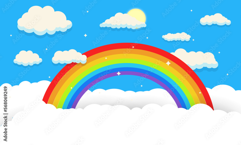 rainbow background with clouds and sun. Rainbow in the fantasy world landscape. illustration.