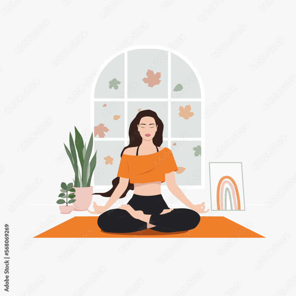 Girl doing yoga at home. Demonstrates peace and tranquility. Sports girl. Yoga. Sport. Fitness. Home Activities. Girl doing yoga at home. Demonstrates peace and tranquility. Sports girl. Yoga. Sport. Fitness. Home Activities.