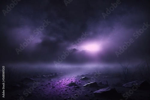 Purple abstract and fantasy-like rocky foggy landscape, a road leading to the unkown | Generative AI