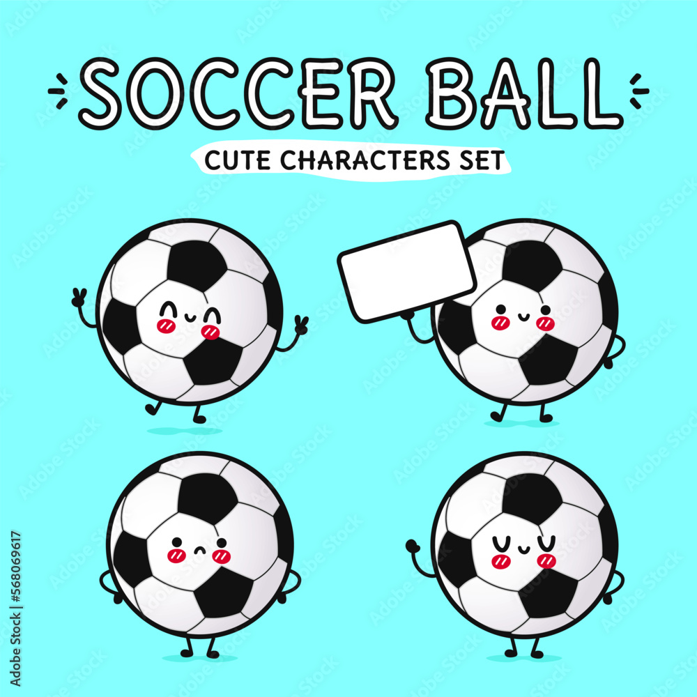 Funny cute happy Soccer ball characters bundle set. Vector hand drawn doodle style cartoon character illustration icon design. Isolated on blue background. Soccer ball mascot character collection