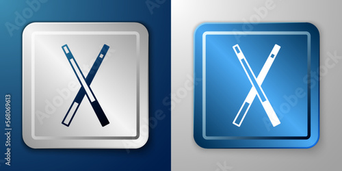 White Crossed billiard cues icon isolated on blue and grey background. Silver and blue square button. Vector
