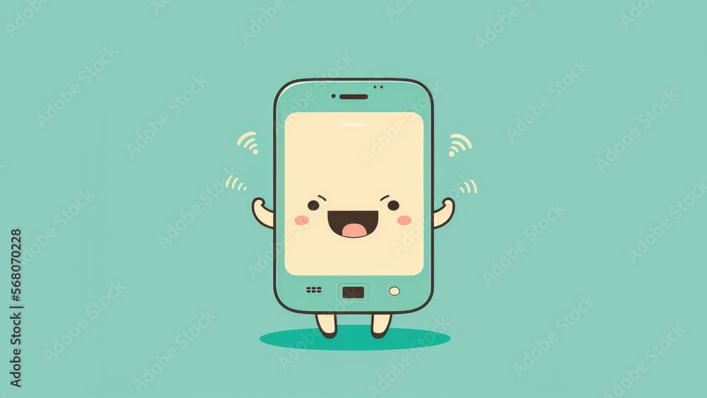 Cute chibi phone picture. Cartoon happy drawn characters Cute chibi phone picture. Cartoon happy drawn characters