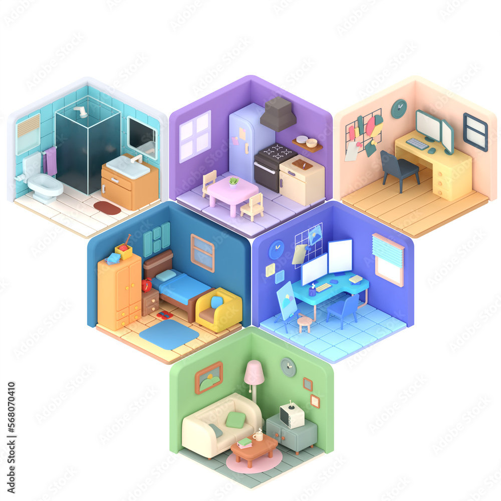 3d illustration isometric low poly room cute design. Object on a transparent background