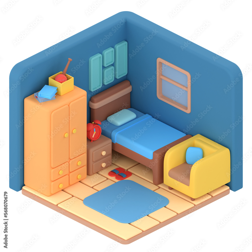 3d illustration isometric low poly bedroom cute design. Object on a ...
