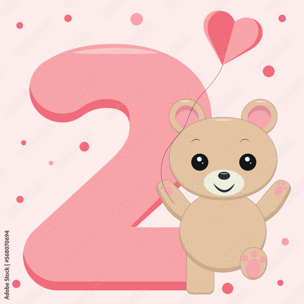 Number 2 for birthday with funny bear for invitation card. Number 2 for birthday with funny bear for invitation card.