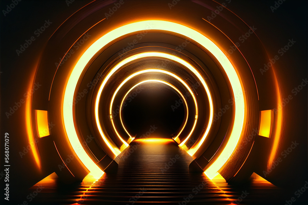 Naklejka premium Cylindrical, round neon tunnel with a floor. AI generated.