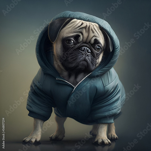 A pug in warm clothes (overalls) stands and looks straight ahead. Generative AI