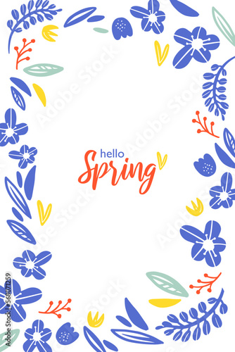 Greeting spring card  invitation template. Frame  wreath  garland of flowers.  Spring flowers card.