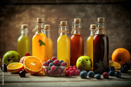 Selective focus, a number of bottles filled with fruit and berry juices, and a vintage wooden backdrop. Generative AI