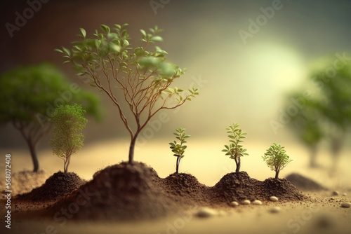 Natural scene of tiny trees on the ground growing trees. Generative AI