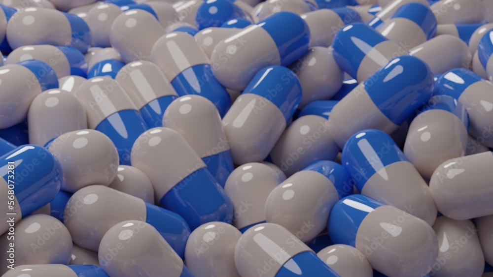 Fototapeta premium A group of antibiotic pill capsules is white and blue healthcare and medical, 3D illustration background.