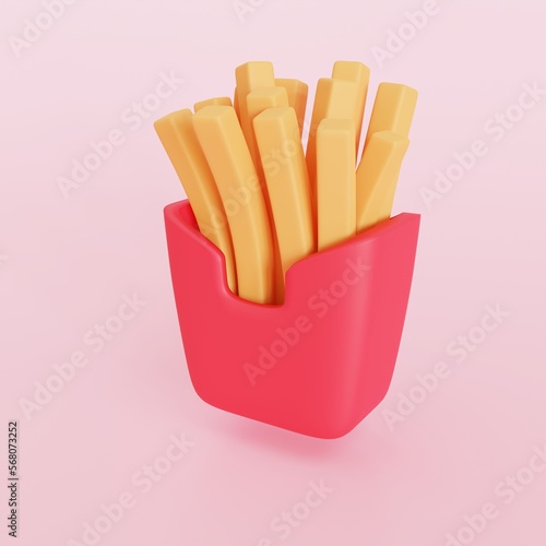 French fries icon. Cartoon. BBQ Food Art Illustration. Snack Fast Food. 3D illustration background.