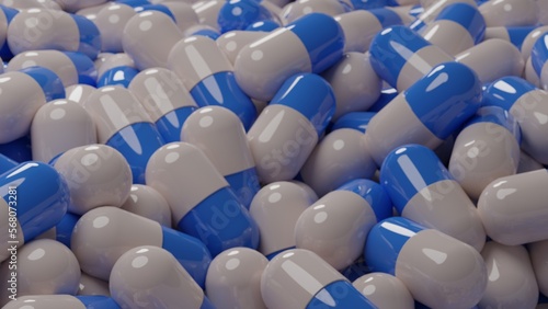 A group of antibiotic pill capsules is white and blue healthcare and medical  3D illustration background.