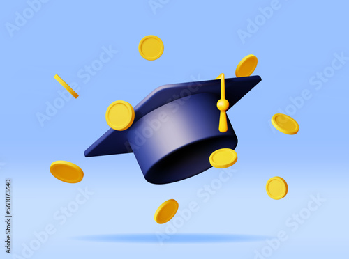 3D Graduation Cap with Gold Coins Banknotes Isolated. Render Cash Money for Education, Savings and Investment Concept. Academic and School Knowledge. Realistic Vector Illustration