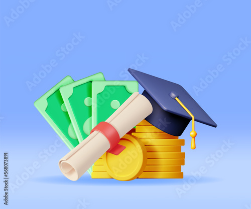 3D Graduation Cap and Diploma with Gold Coin and Dollar Banknotes Isolated. Render Cash Money for Education, Savings and Investment Concept. Academic and School Knowledge. Vector Illustration