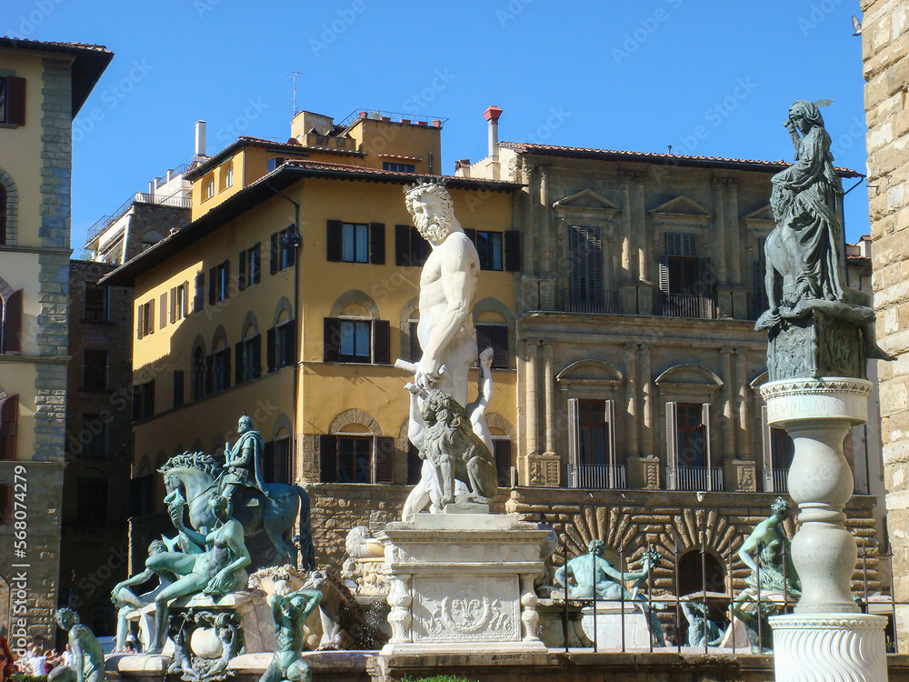 View of the town square and sculpture on a sunny day. Florence. Italy.