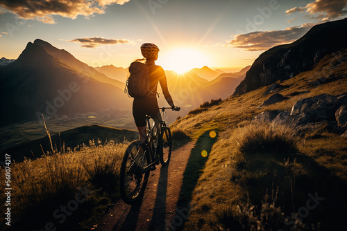 sportive Woman with electric mounainbike in dramatic sunset on a mountain, generative ai