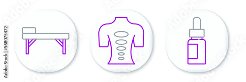 Set line Essential oil bottle, Massage table and stone therapy icon. Vector