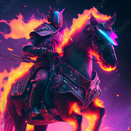 Knight Riding Horse Surrounded by Fire Flame Cyberpunk Style. Generative Ai