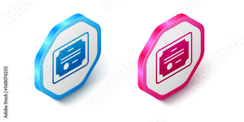 Isometric Certificate template icon isolated on white background. Achievement, award, degree, grant, diploma concepts. Hexagon button. Vector