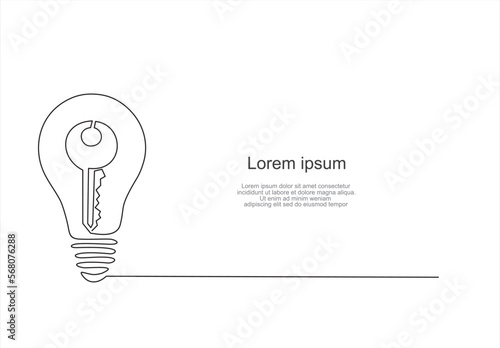 Continuous one single line drawing innovation Light bulb and key inside icon vector illustration concept. Concept of the key to the realization of the idea