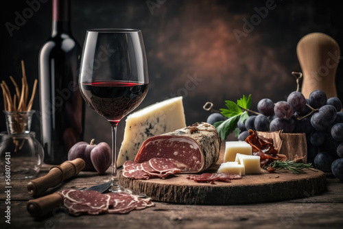 Red wine in the foreground with a background of charcuterie. Generative AI