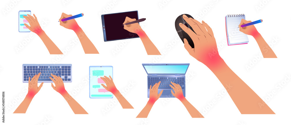 Φωτογραφία Vector illustration collection of hands with carpal tunnel syndrome using device