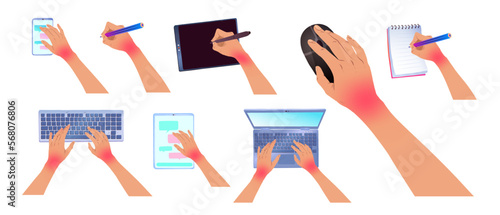 Vector illustration collection of hands with carpal tunnel syndrome using devices