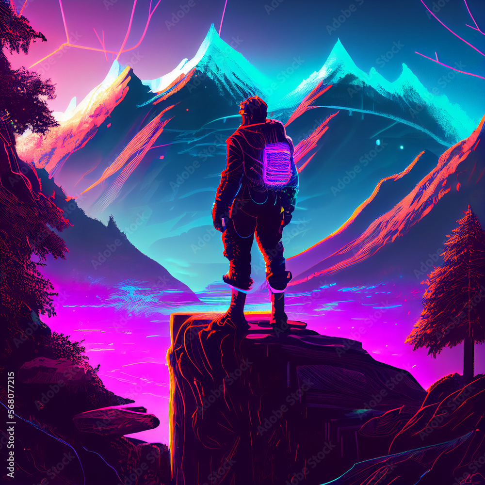 Fototapeta premium Person Standing on Ledge Cyberpunk Style. Generative Ai