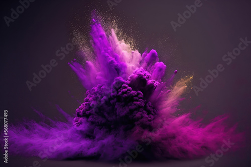 Exploding colored powder in slow motion against a dark background. dust cloud with an abstract purple tone. Particle explosion in purple. On a dark background, a bright painterly powder splash