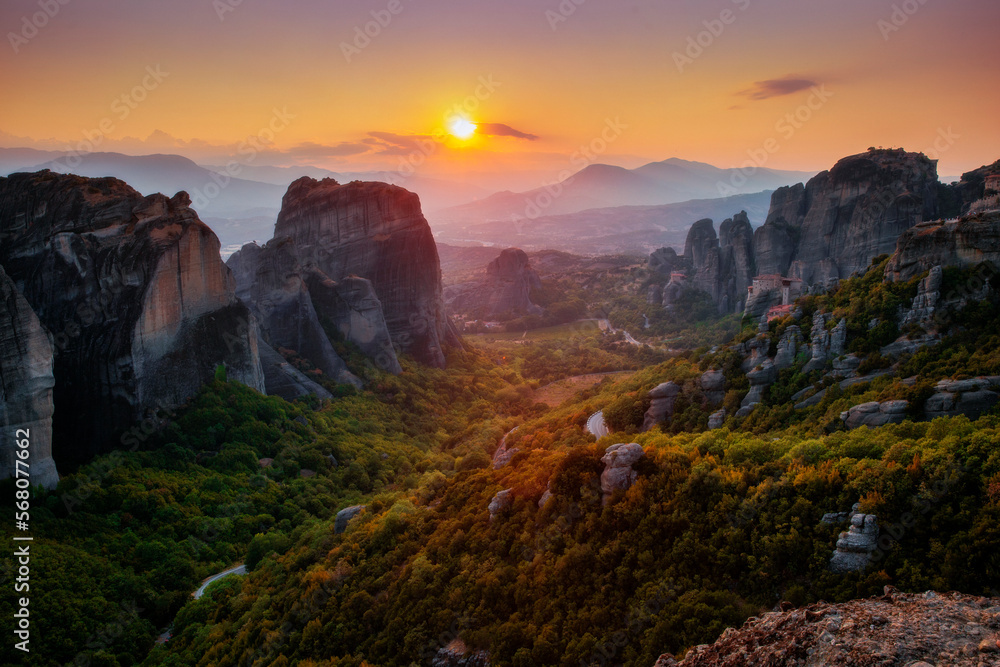 sunset in the mountains in Meteora Greece