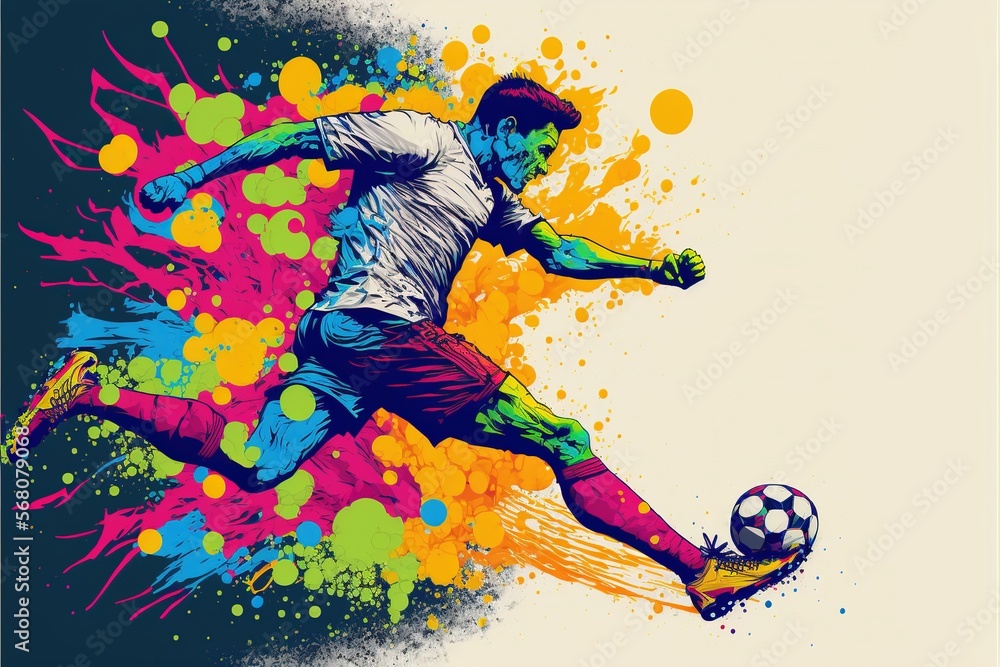 Striker's Moment: Vibrant Color Line Art Illustration of a Soccer Striker Shooting for the Goal. A Dynamic Display of Athletic Skill. Generative AI