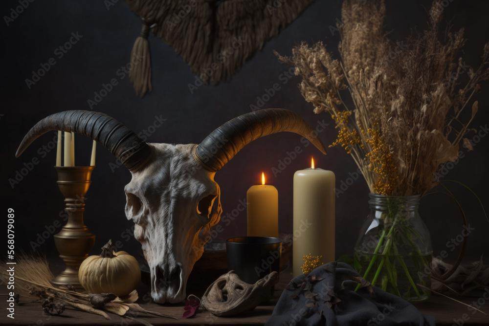 Samhain evening. Low key, focused image of a witch's altar with a goat's skull, blazing candle, dry herbs, and magic objects. Concepts for Halloween, rituals, voodoo, occultism, alchemy, spells, and p - obrazy, fototapety, plakaty 